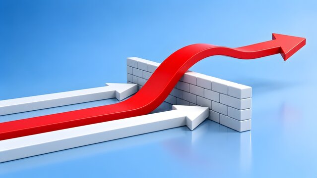 Red arrow flying over white brick wall obstacle while white arrows are blocked concept of strategic thinking overcoming challenges and business innovation