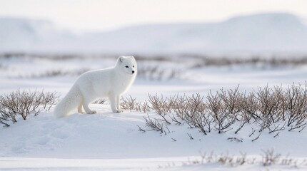 Fototapeta premium Arctic fox stands in snowy tundra landscape. White fur blends with snow covered ground and sparse arctic plants. Remote cold wilderness habitat scene.