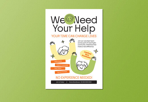 Yellow Green Hand Drawn Naive Design Volunteer Need Flyer