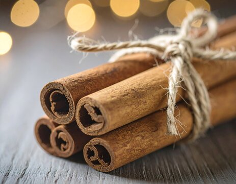 Cinnamon Sticks Tied with Twine on Wood