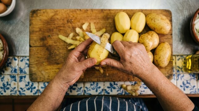 A chef's hands peeling potatoes for a traditional Portuguese dish (e.g., bacalhau &agrave; br&aacute;s), the potatoes golden, the hands steady.