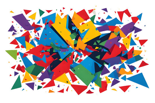 Abstract explosion of colorful geometric shapes and shards on a white background representing creative energy and dynamic movement