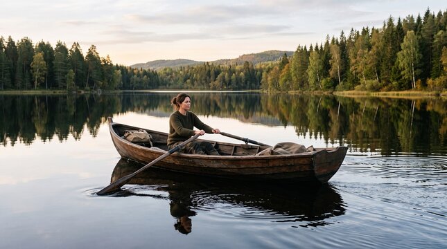 Woman rowing a wooden boat on a calm lake surrounded by a dense forest during sunset