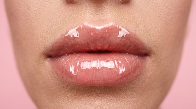 Macro close up of plump female lips with shiny hydrating pink lip gloss.
