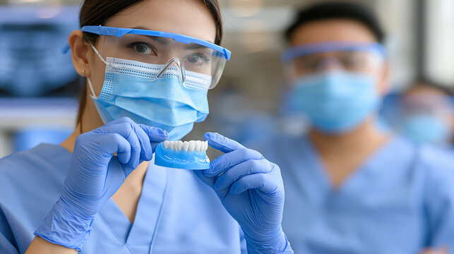 Female dentist in surgical mask and safety glasses holding a denture model in clinic