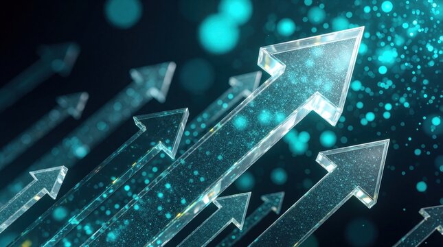 Abstract 3D glass arrows point up towards light. Crystal translucent arrows move in upward direction on dark blue background. Glowing particles, bokeh effect represent business growth, success,