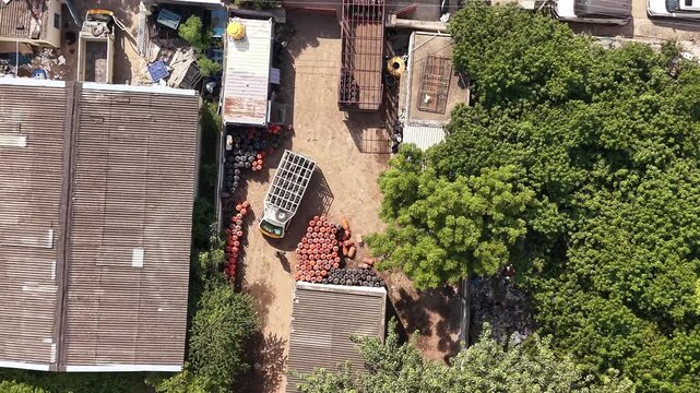 LPG cooking gas cylinders stored at distribution yard aerial gas supply industry