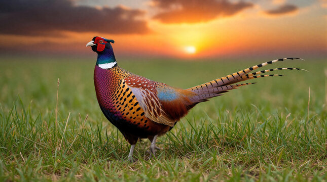 Male ring-necked pheasant stands in grassy field at sunset. Bird displays vibrant colorful plumage against dramatic orange sky. Wild animal in natural habitat.