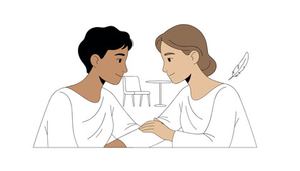 Fototapeta premium Two people having a close and supportive conversation while sitting at a table with a feather symbol floating in the background.