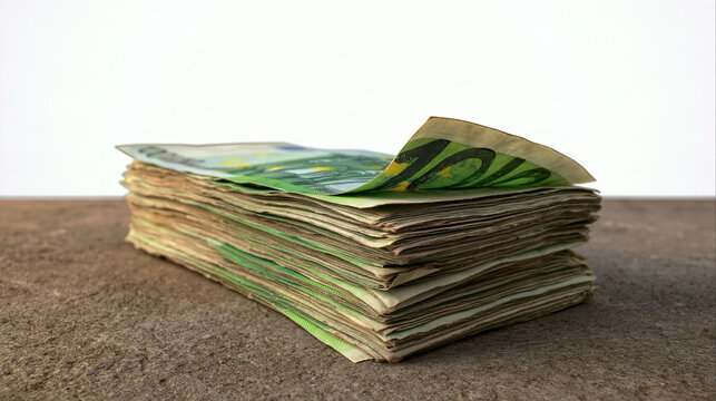 Stack of Euro Banknotes: A thick stack of 100 euro banknotes lies on a rough surface, representing wealth and financial gain.