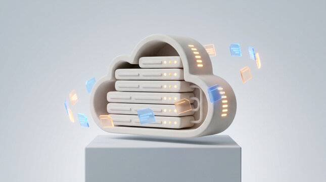 Cloud storage server rack with floating digital files 3D render concept