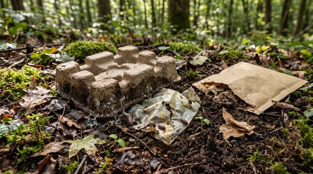 Forest floor littered with discarded packaging and plastic waste attracting woodlice and insects