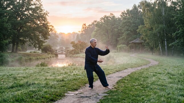 Senior man practicing Tai Chi in a misty park at sunrise with a bridge and gazebo