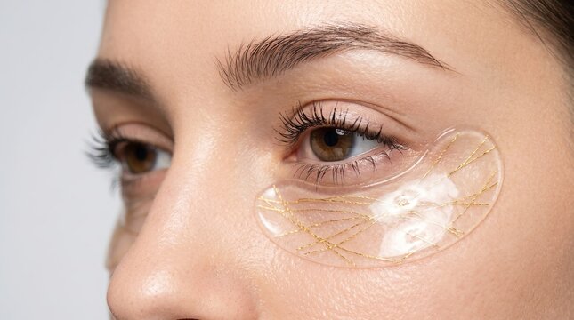 Macro close up of woman eye wearing transparent hydrogel patch infused with gold threads for anti-aging wrinkle care.