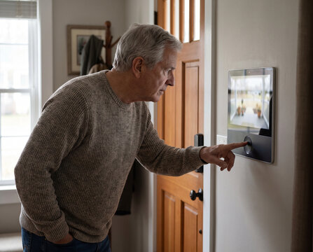 Older man uses smart home video monitor for security and independence