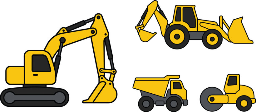 Yellow Construction Vehicles Set Featuring Excavator Backhoe Loader Dump Truck and Road Roller for Heavy Machinery Graphic Vector Designs
