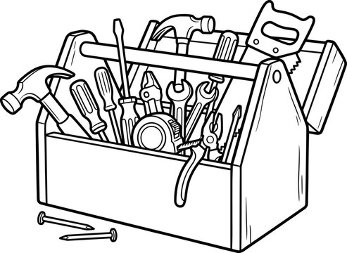 A black and white line art illustration of a toolbox overflowing with various hand tools, including hammers, screwdrivers, wrenches, and pliers.