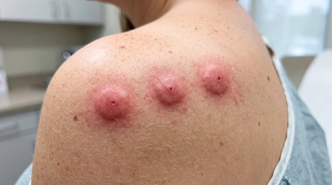 Three Inflamed Red Insect Bites in Row on Woman Shoulder Breakfast Lunch and Dinner Sign