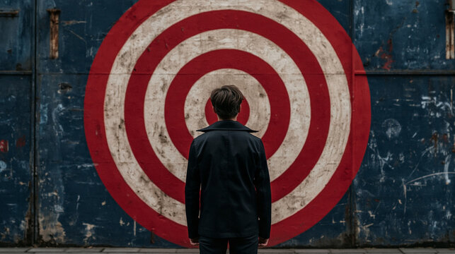Man Facing Target: A lone individual stands with their back to the viewer, facing a large, red and white target painted on a distressed wall, symbolizing focus and aspiration.