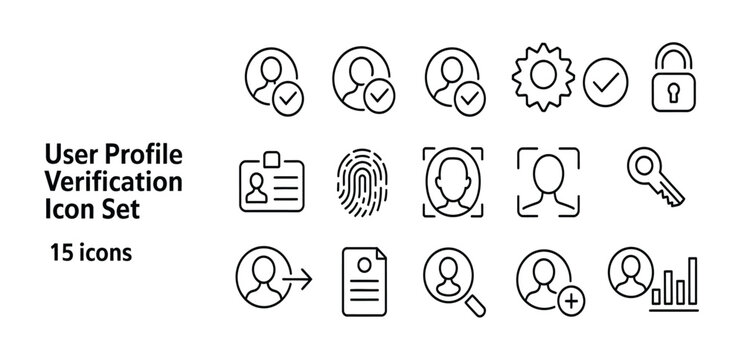 User profile verification icon set in black line style, featuring approved users, ID cards, and biometric scans for secure access.