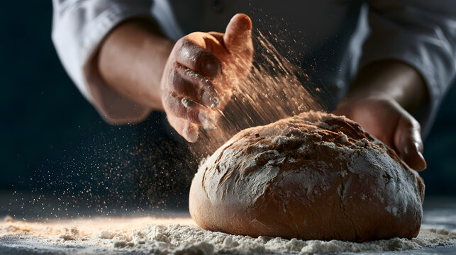 Chef Using An Alternative Flour To Bake A Gluten-Free Loaf Of Bread, Dramatic Side Lighting With Deep Shadows, Macro Lens, Fine Detail, Cool Muted Blue-Gray Palette, Photorealistic