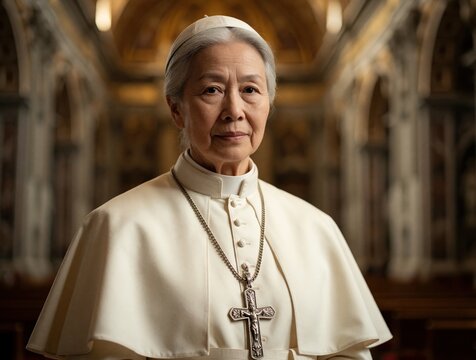 Elderly Asian woman in papal attire, wearing crucifix, zucchetto, poses inside grand church. Looks directly at camera with serious expression. Conceptual portrait challenges traditional religious