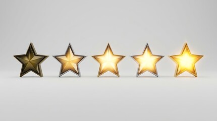 Fototapeta premium A 3d rendering illustration for rating system visuals featuring five metallic stars ranging from dark to glowing gold