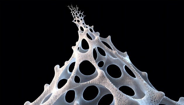 Organic porous white structure and cellular architectural form. Biomimicry design and generative modeling. Porous biomaterial sculpture rising against dark background