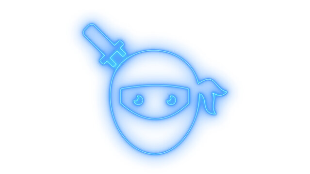 Colorful neon ninja head icon with a sword handle sticking out behind the mask vector illustration for gaming and martial arts signs isolated on transparent background