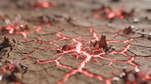 Abstract background of cracked dry earth with glowing red magma underneath.