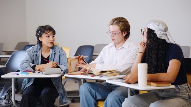 University student explains material and points to an open textbook while two classmates listen during a collaborative session with Latino students
