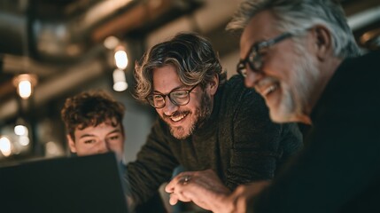 Fototapeta premium three generations working side by side in modern open office, Gen Z employee in 20s, Millennial manager in 30s, and experienced Baby Boomer specialist in 60s collaborating over shared screen, 