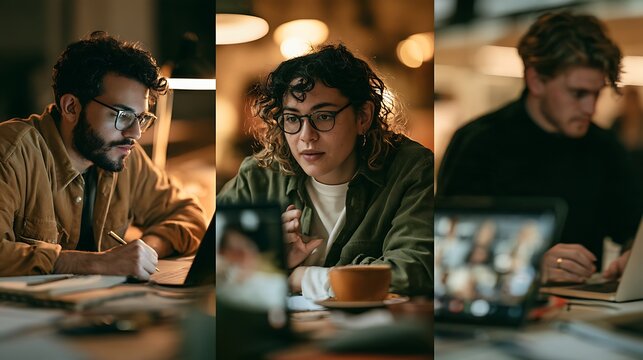 Productivity Real three-person remote team genuinely productive in separate locations shown in triptych composition, left person at home office desk, center person in cafe, right person in corporate 