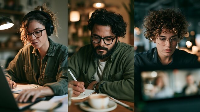 Productivity Real three-person remote team genuinely productive in separate locations shown in triptych composition, left person at home office desk, center person in cafe, right person in corporate 
