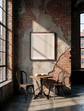 Blank square picture frame hangs on distressed brick wall above small round table with open book and two chairs. Industrial loft interior features large windows and concrete floor.