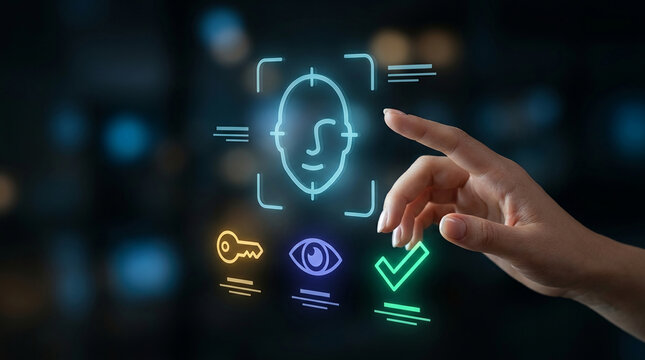 Human hand interacting with advanced facial recognition technology and biometric security interface for digital identity verification and privacy.