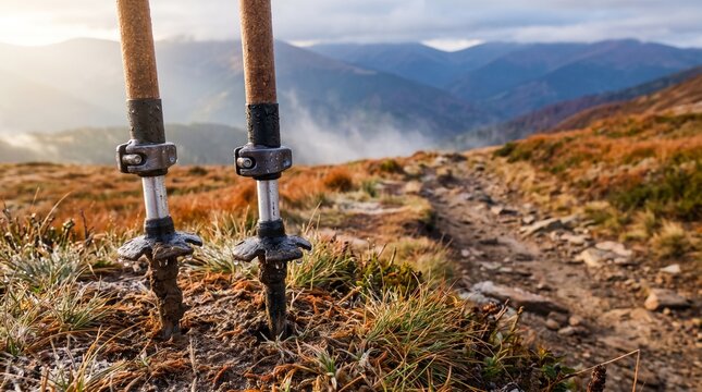 Hiking poles resting on a mountain trail at sunset on the topic of camping gear