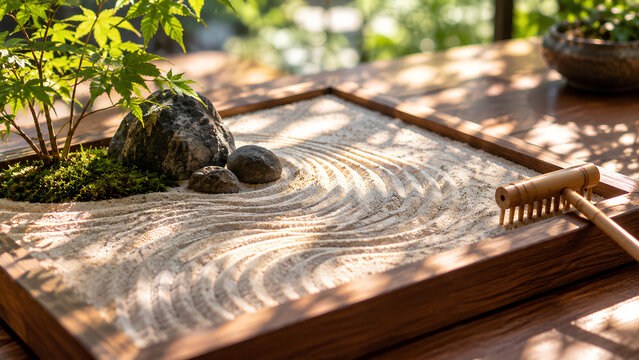 Mini desktop zen garden with raked sand patterns wooden rake small maple bonsai tree and smooth stones for mindfulness and stress relief