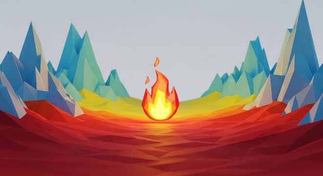 Low poly 3D render of a stylized flame centered in a colorful mountainous landscape