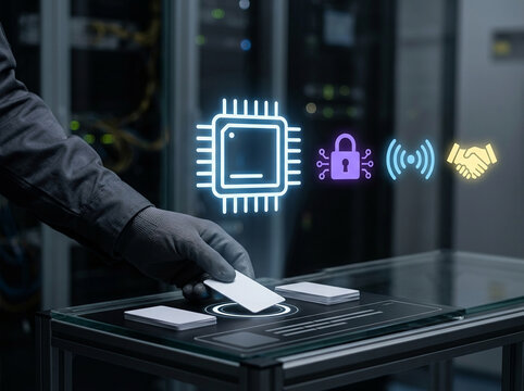 Secure access control in a modern data center with a gloved hand using a smart card reader and digital security icons representing high tech.