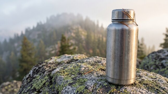 Stainless steel water bottle on a rock in a misty mountain landscape on the topic of camping gear