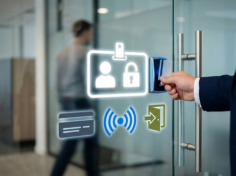 Businessman hand using RFID security card to access office glass door with digital security icons and virtual interface overlay concept.