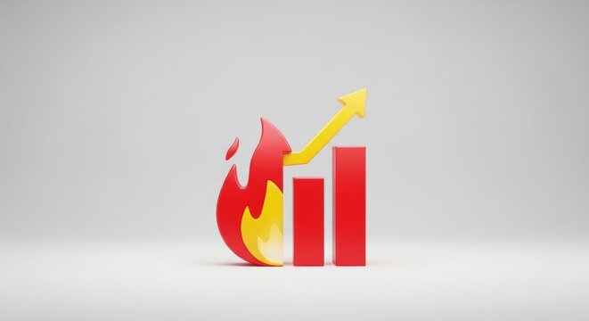 3D render of a red bar graph on fire with a yellow rising arrow indicating growth and success