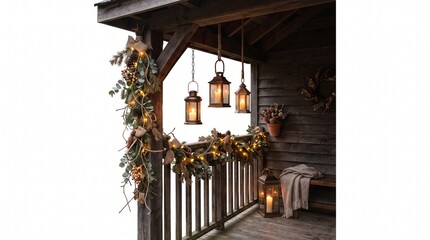 Obraz premium Rustic porch decorated with Christmas garland and lanterns, creating a cozy atmosphere. 
