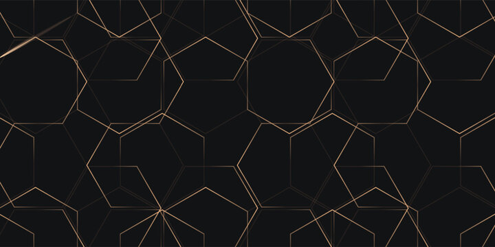 Luxury hexagonal abstract black metal background with golden light lines. Dark 3d geometric texture illustration. Bright grid pattern. Pure black horizontal banner wallpaper. Carbon elegant wedding BG