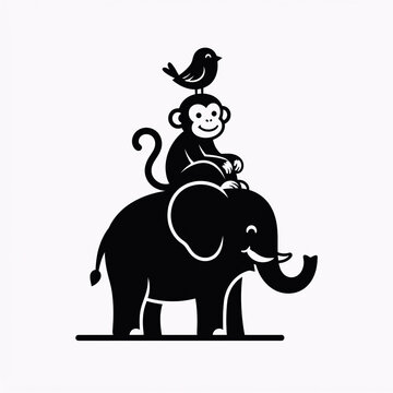 Black silhouette of an elephant with a monkey and a bird stacked on a white background