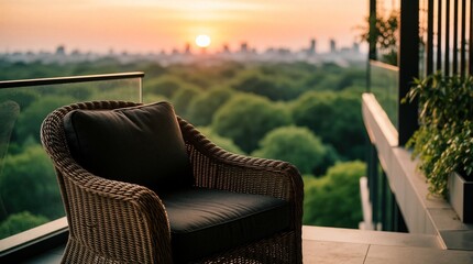 Obraz premium Wicker chair with cushions sits on apartment balcony overlooking green landscape at sunset. Urban skyline visible in distance. Peaceful evening rest.