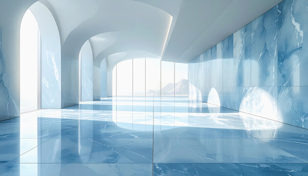 Modern interior with blue marble walls and floor, featuring arched windows and mountain view