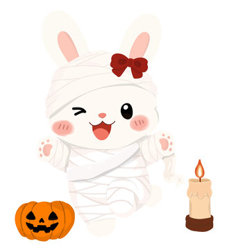 Cute bunny rabbit in mummy costume with jack o lantern pumpkin for Halloween vector illustration