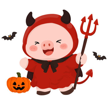 Cute pig in red devil costume holding pitchfork for Halloween vector illustration